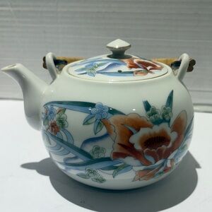 Artistic Floral Ceramic Teapot with Bamboo Handle